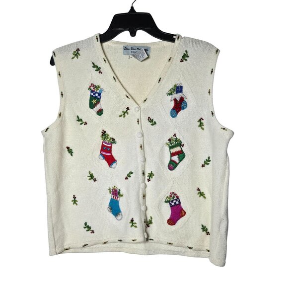 Star Blue Originals Holiday Embroidered Button Front Sweater Vest Medium Festive - Picture 1 of 9